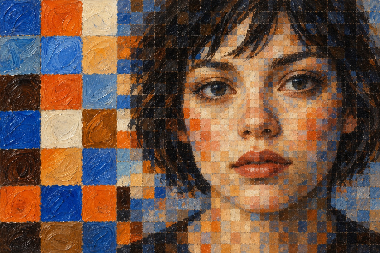 A fictional woman’s portrait resolves from colored square cells beside enlarged painted units.