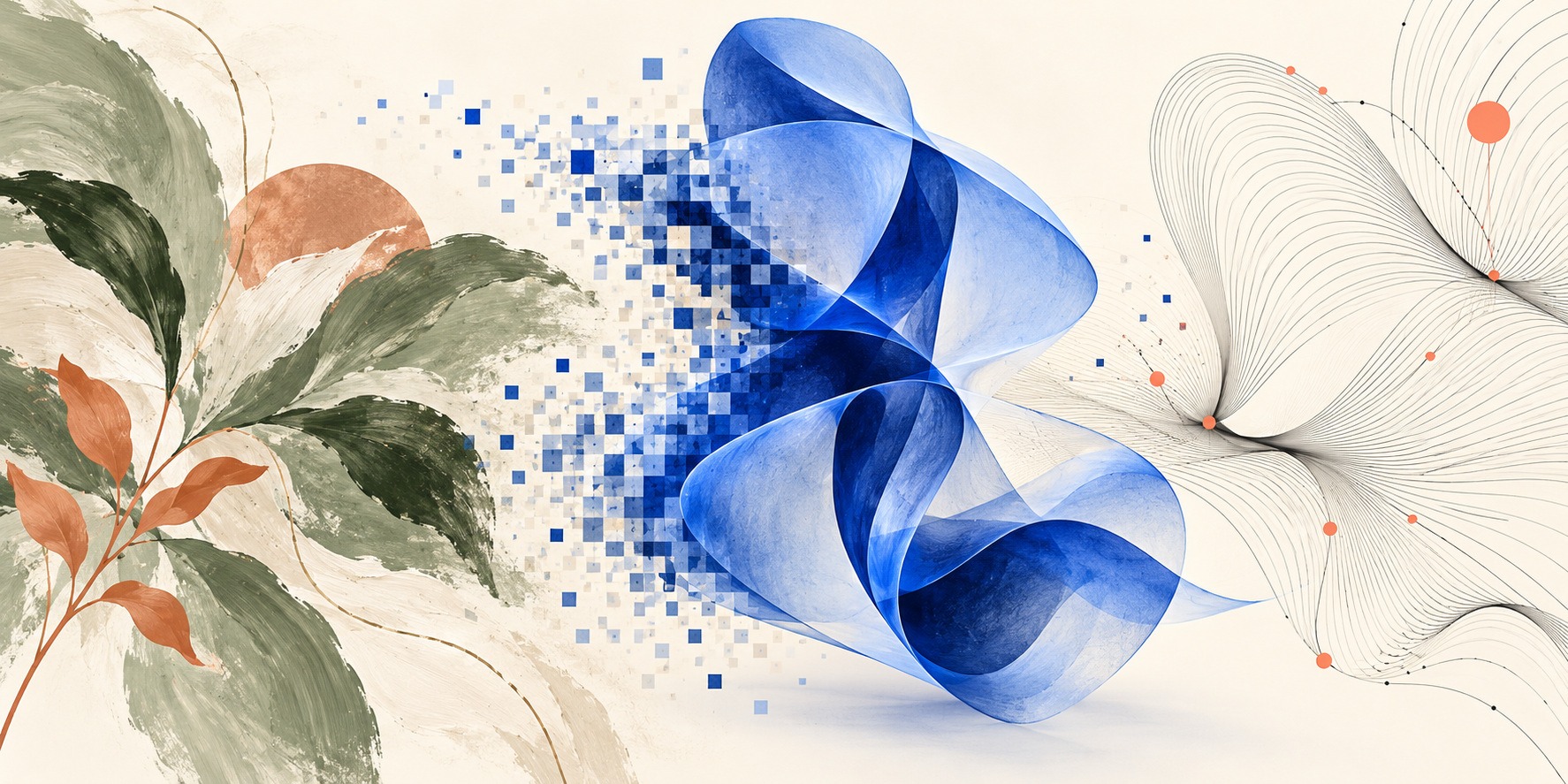 A blue folded sculptural form joins painterly leaves, square pixels and fine flowing lines on ivory.