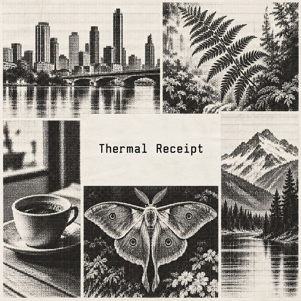 The centered title Thermal Receipt is surrounded by monochrome paper studies of a city, fern, cup, mountain and moth.