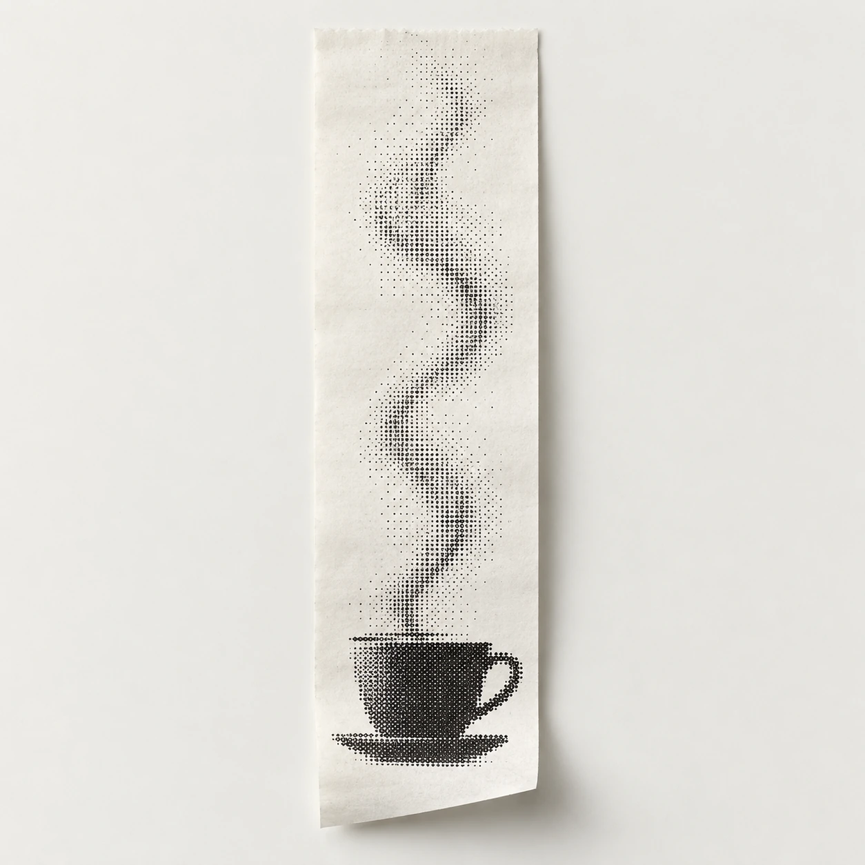 A black coffee cup and dotted steam rise along a narrow paper strip with a curled lower edge.