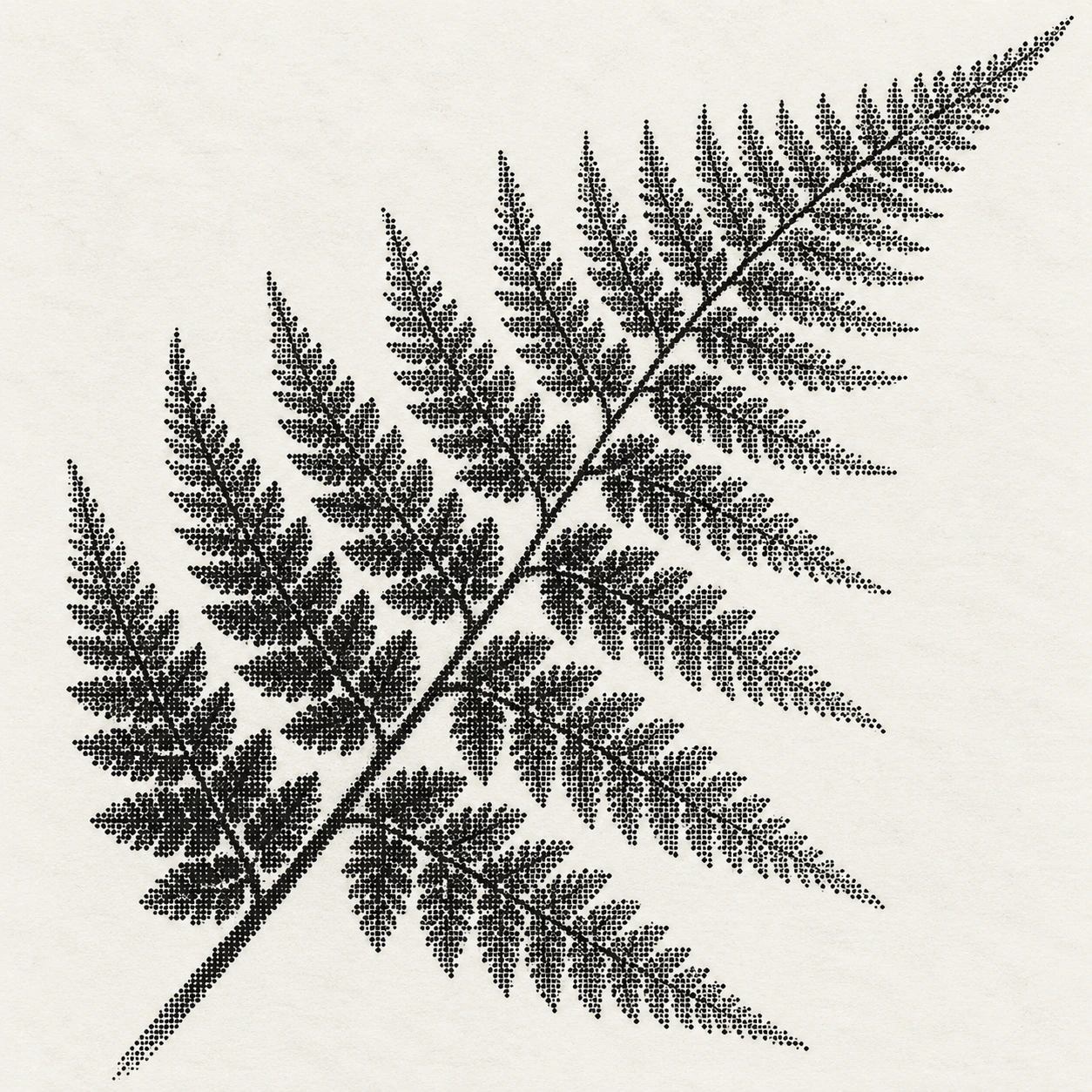 A diagonal fern is built from fine black raster dots on warm white paper.