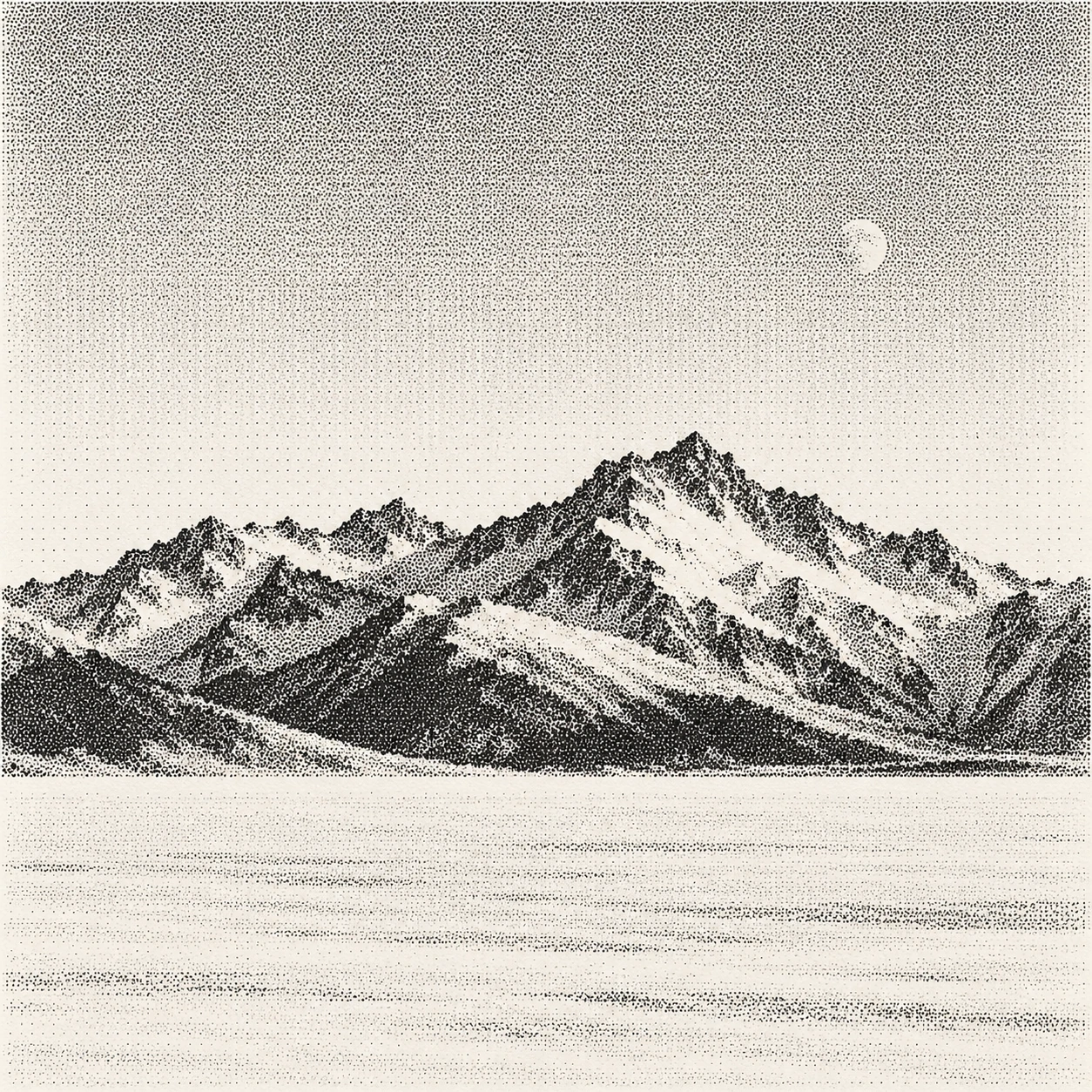 Black dotted mountain ridges stand below a small pale moon on textured white paper.