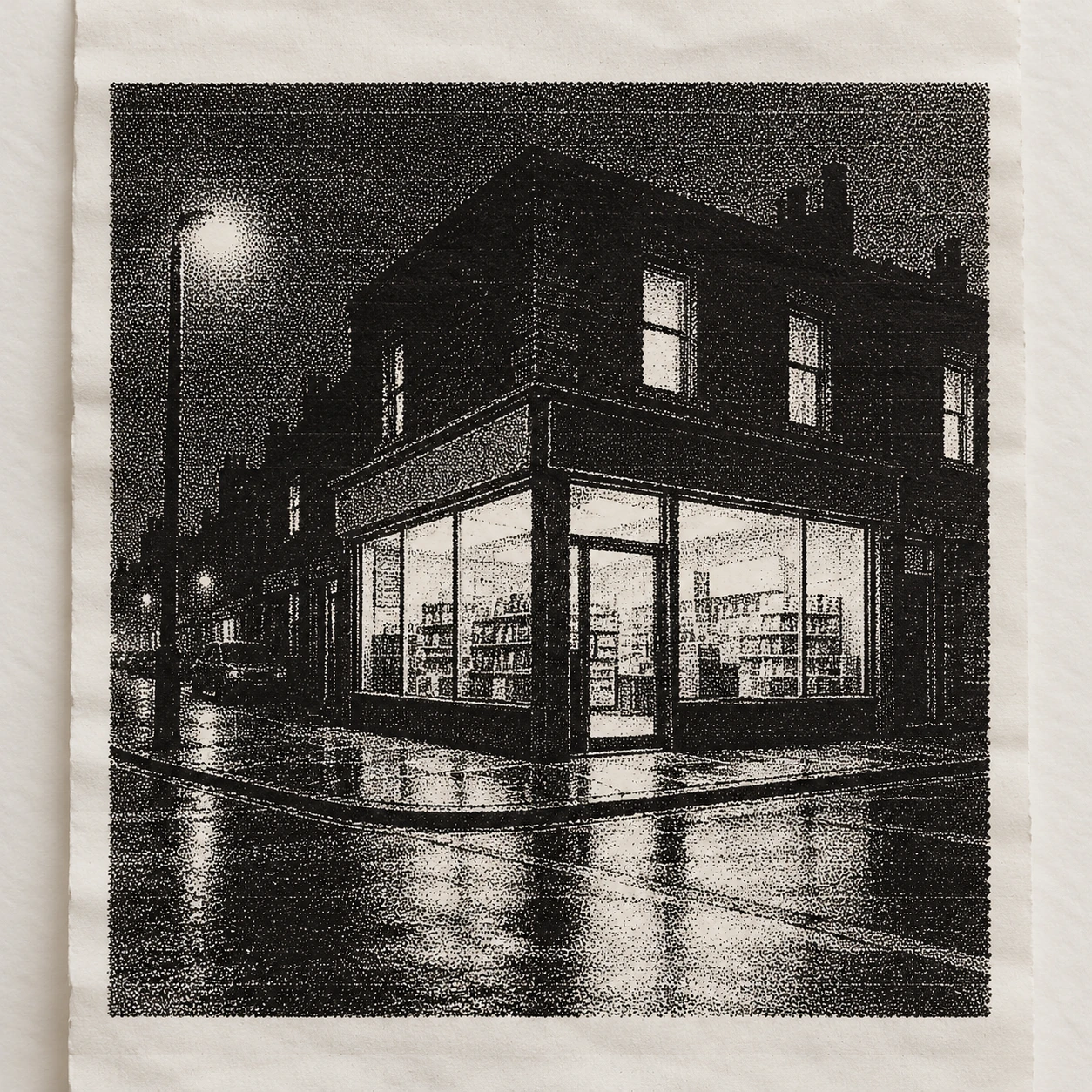 An imagined corner shop with pale windows is printed in black on a hanging paper strip.