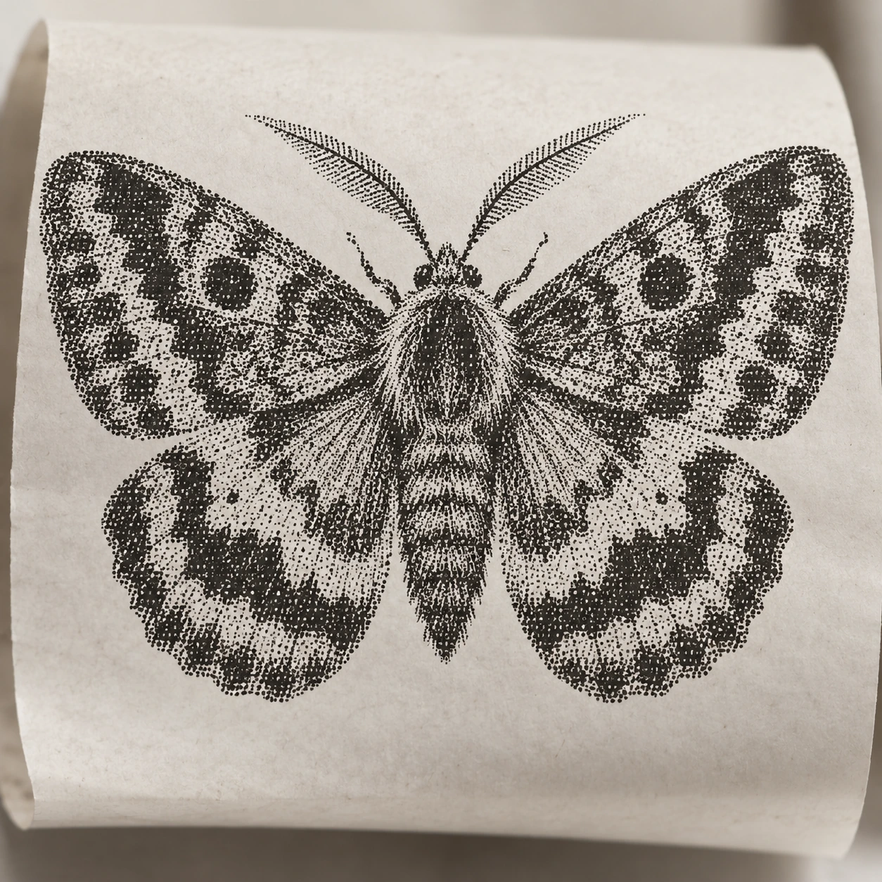 A symmetrical moth appears in dense black dot patterns on lightly curled paper.