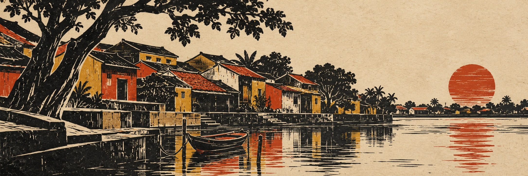 Black rooftops and a tree frame a river and small boat beneath a red sun in a relief-cut interpretation.