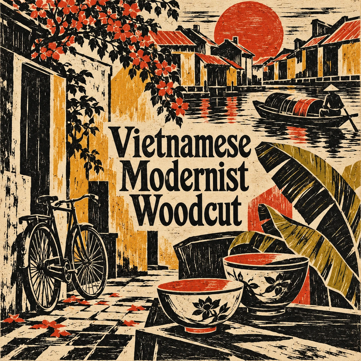The centered title Vietnamese Modernist Woodcut joins carved-looking studies of roofs, bicycle, bowls, leaves and a riverboat.