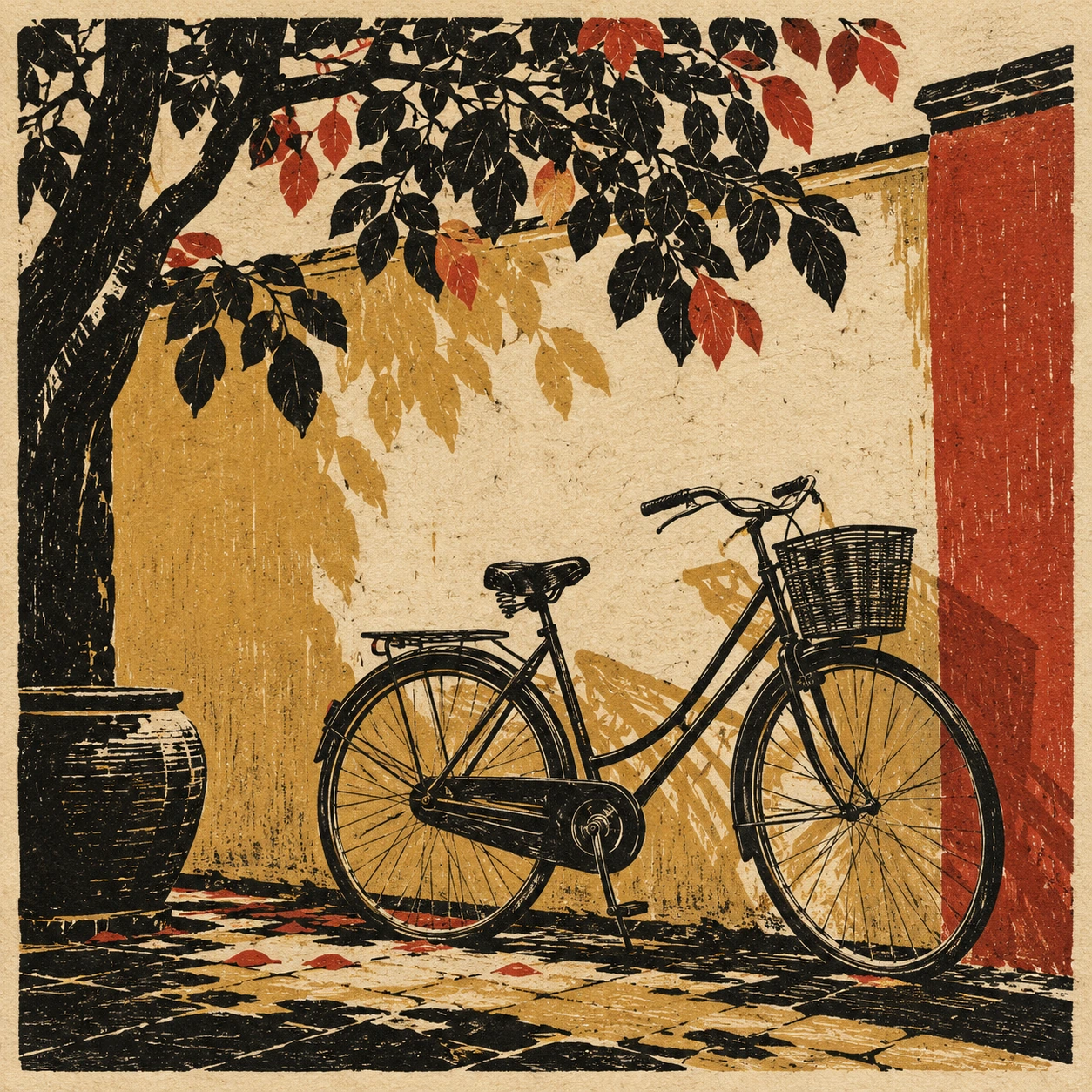 A bicycle leans against a courtyard wall below a branch, its wheels balanced against broad black shadows.