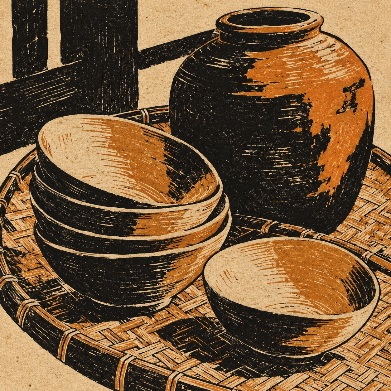 Ochre bowls and an earthenware jar form interlocking ovals above a patterned mat.