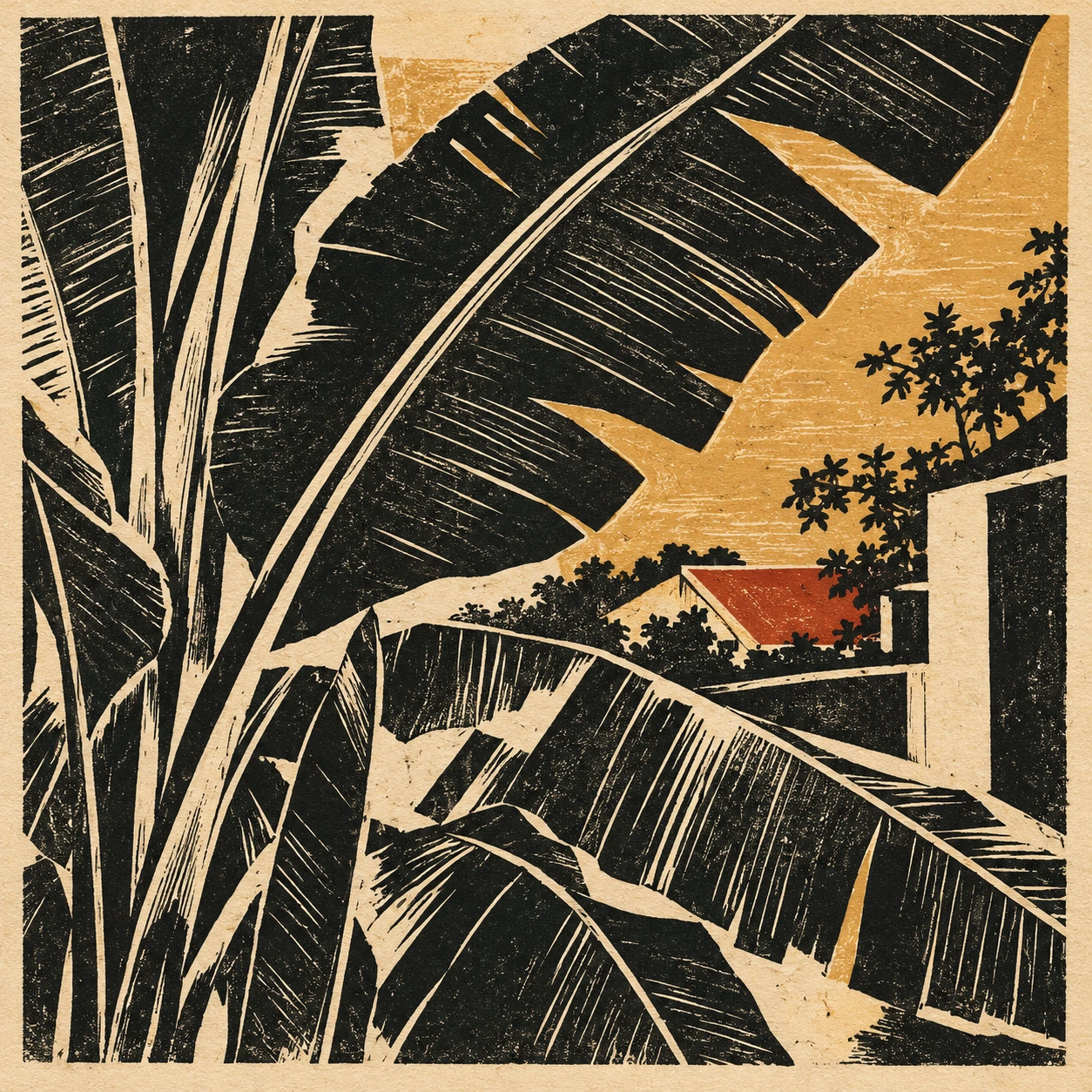 Broad banana leaves show white carved veins beside a small red roof plane.