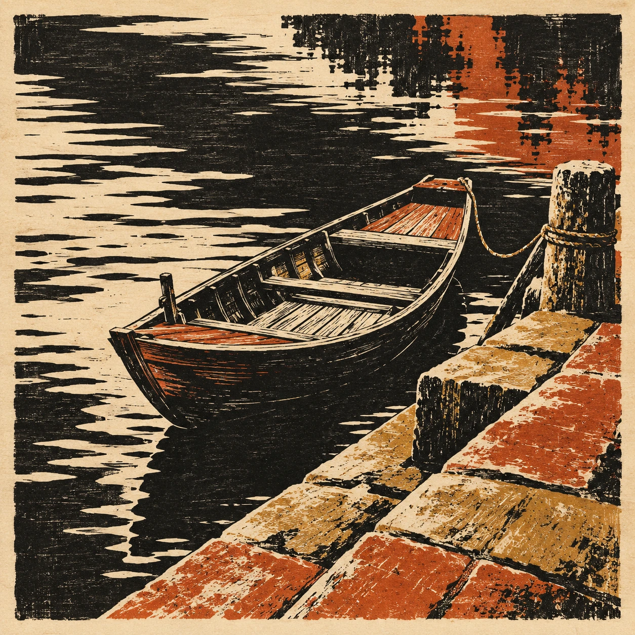 A moored wooden boat sits beside a diagonal landing, with water described by white cuts through black.