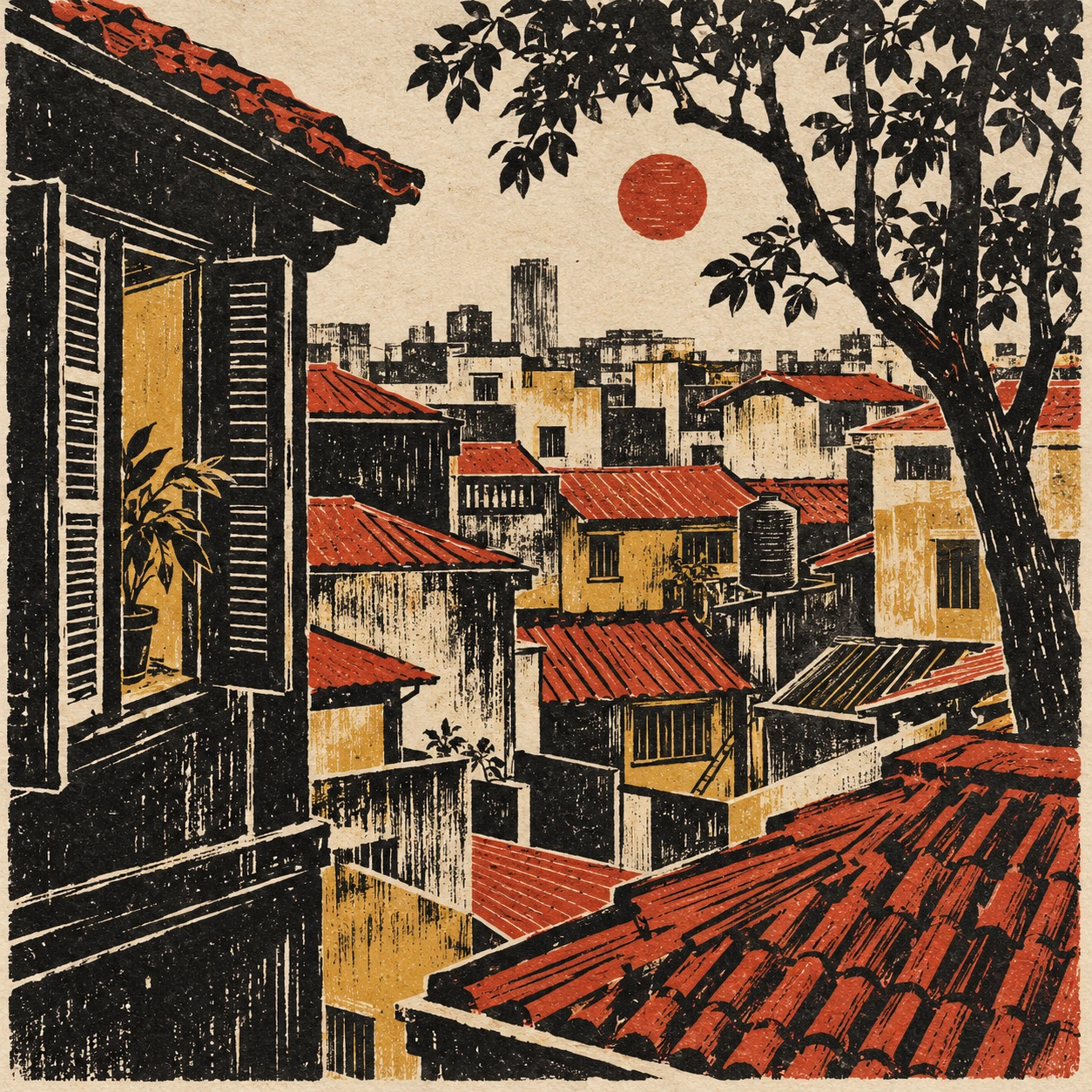 Dark rooftops, a window and a tree form a compact composition with restrained warm colour.