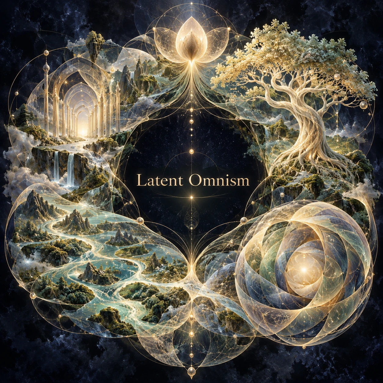 The centered title Latent Omnism rests among a luminous seed, branching tree, arch, river landscape and folded sphere.