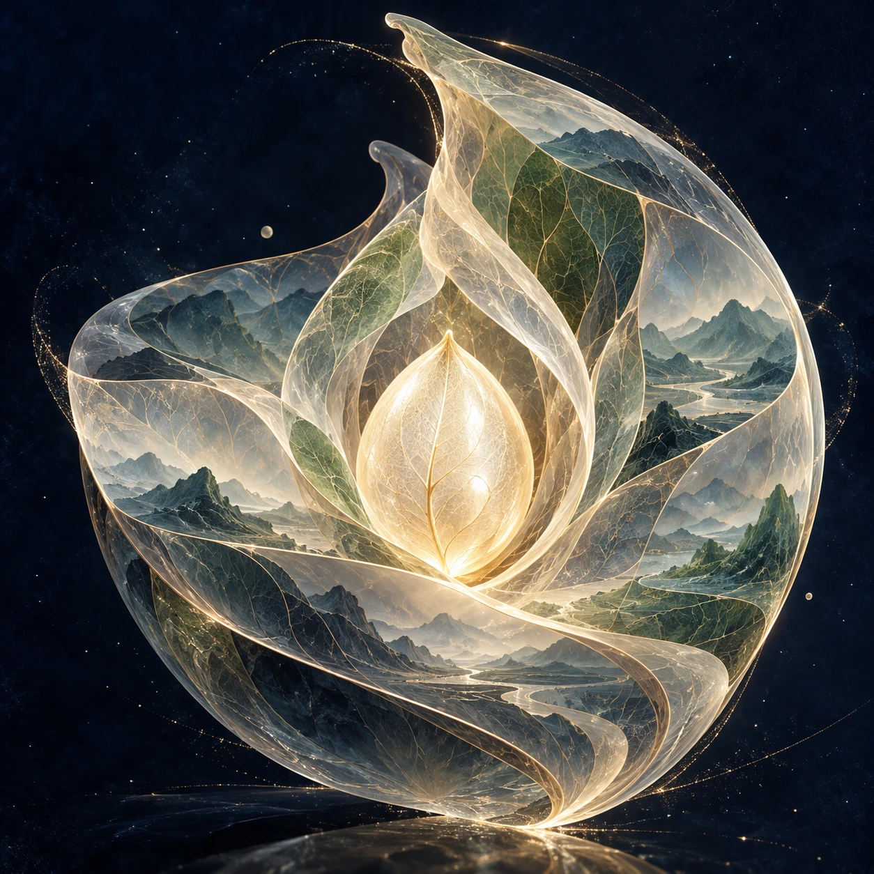 A glowing seed is nested within translucent leaf-like shells containing miniature mountain landscapes.