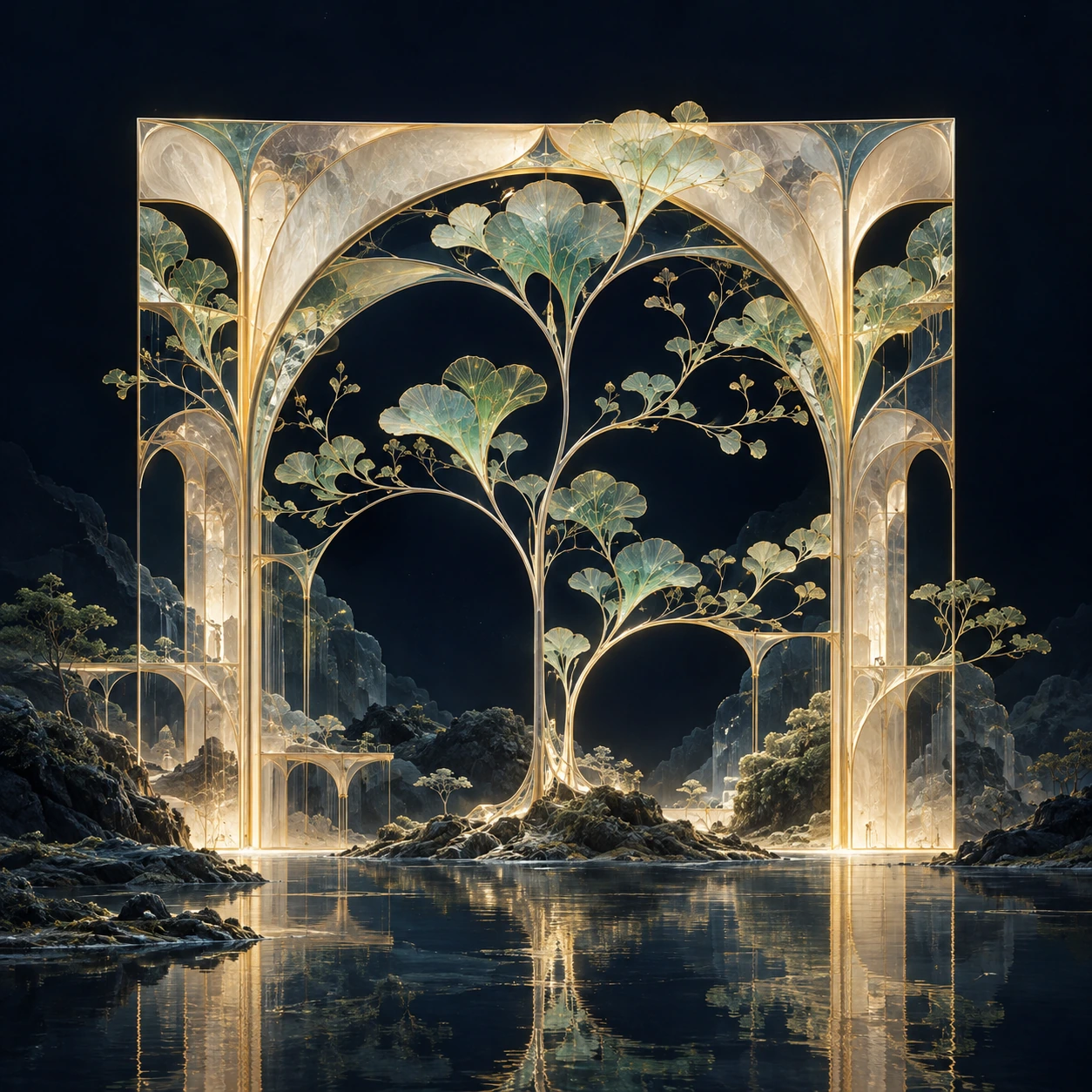 Pale-gold arches share branching curves with botanical forms above dark reflective water.