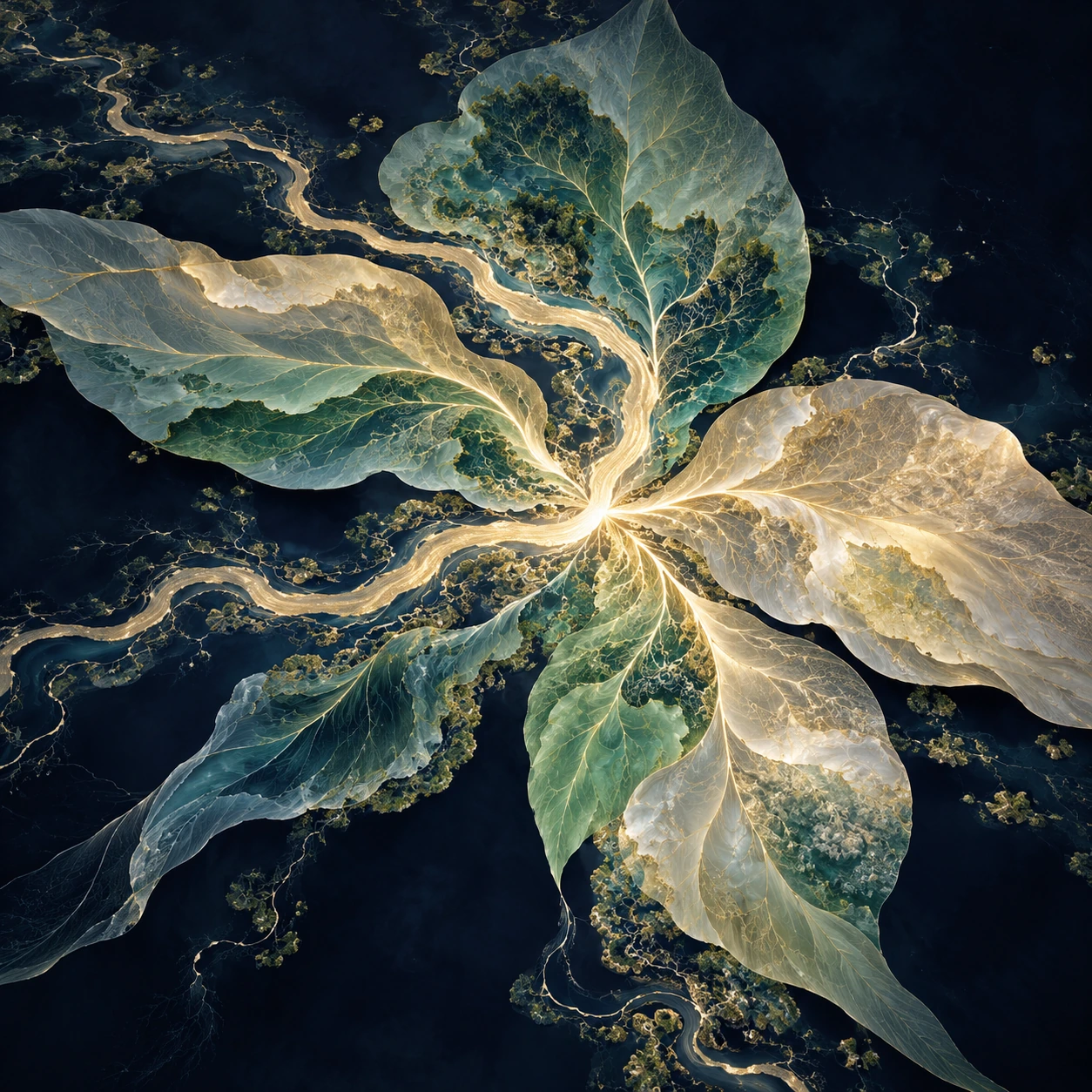 Translucent leaves and branching river channels converge at one luminous point against deep indigo.