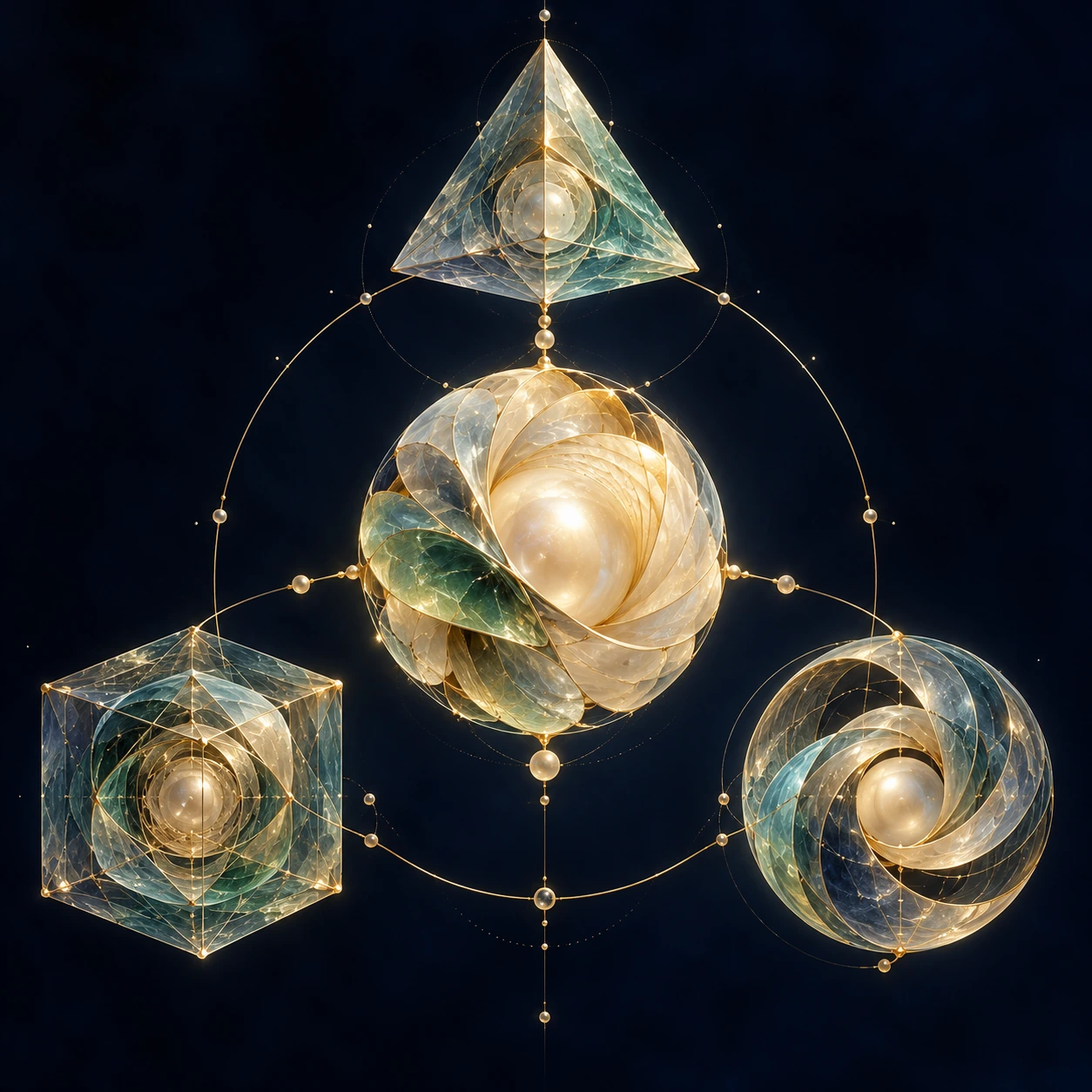 A folded pearl sphere is linked to transparent tetrahedral, cubic and round alternatives by fine gold arcs.