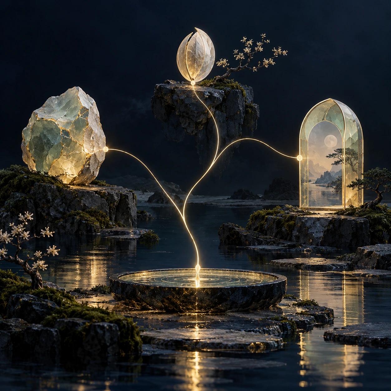 A seed, translucent stone and arched landscape stand on dark garden rocks, joined by a branching thread of light.