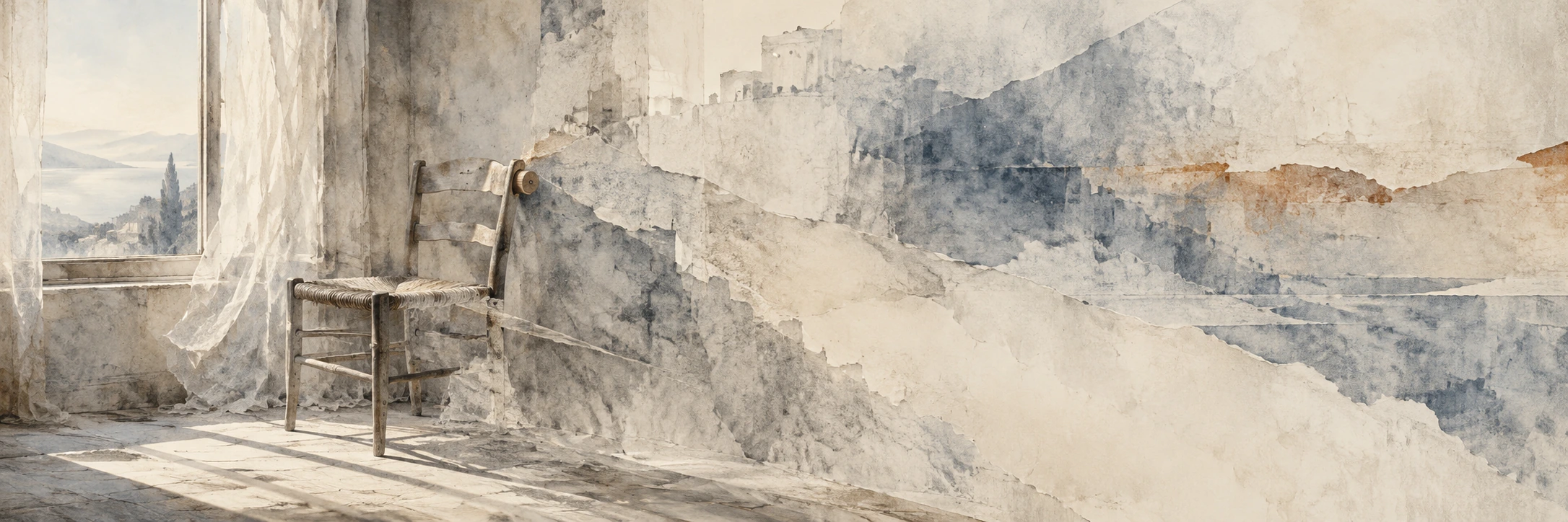 A chair and window remain at the left of a pale room whose surfaces dissolve into layered white abrasion.