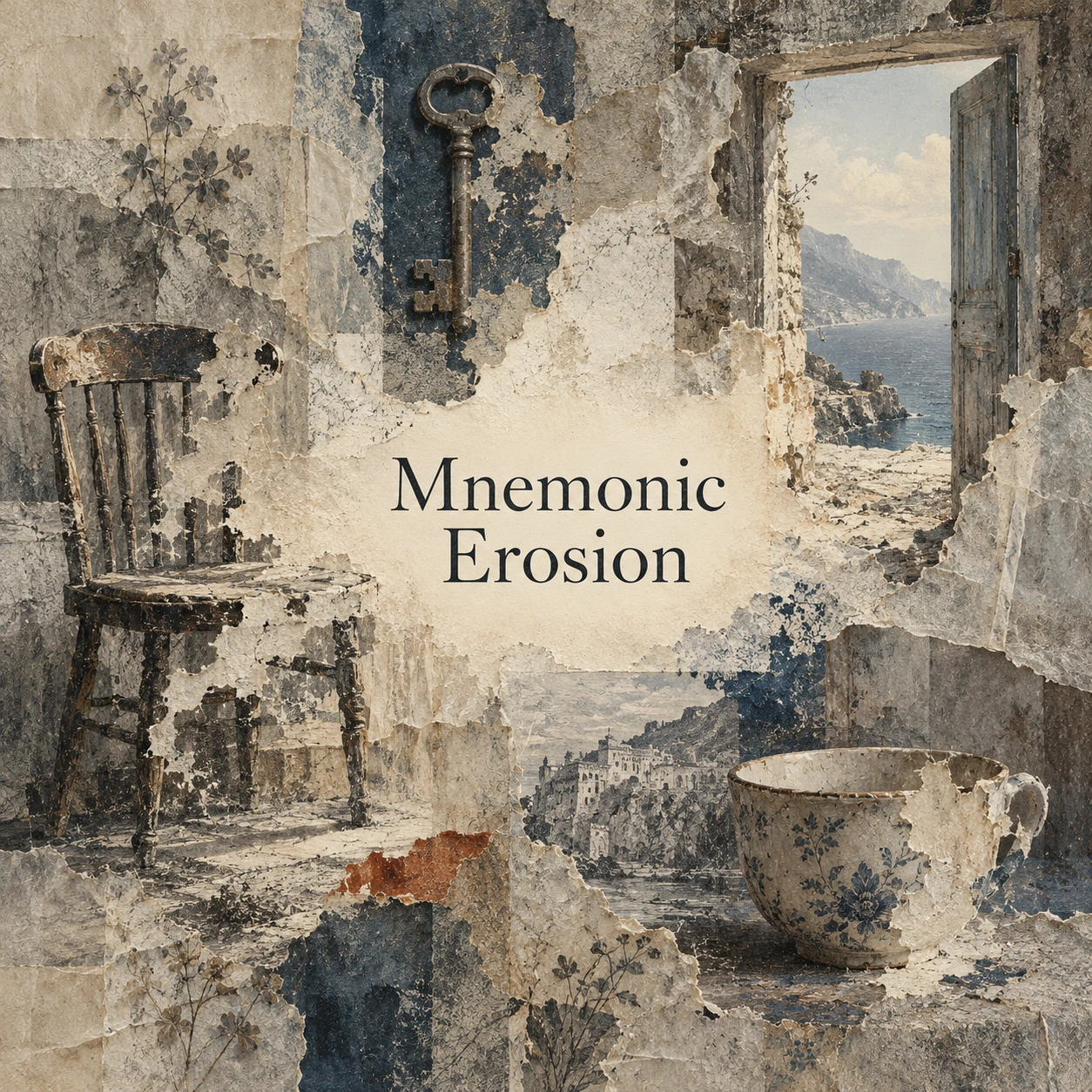 The centered title Mnemonic Erosion is held among partially erased studies of a key, cup, chair and doorway.