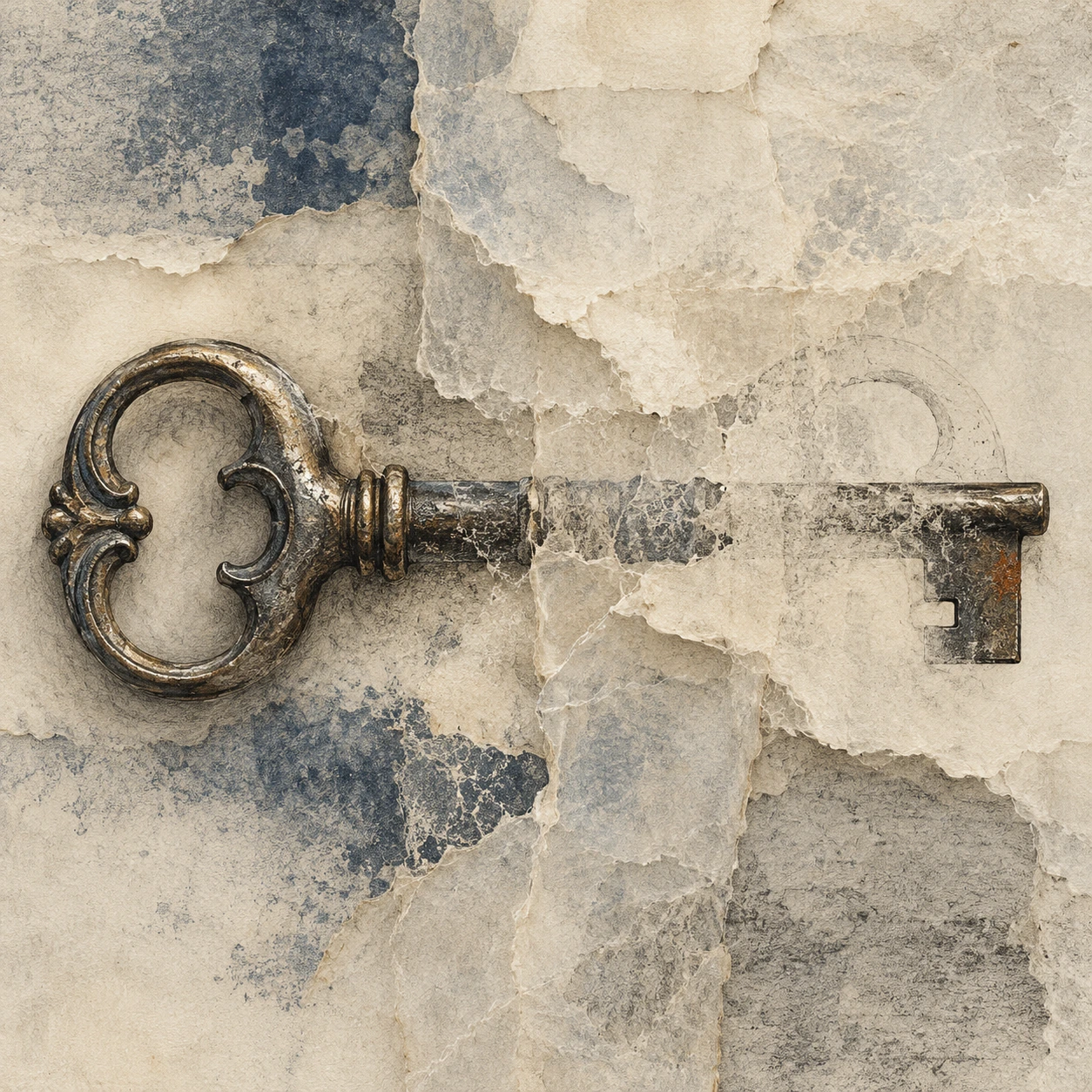 An ornate key bow and dark tooth remain legible while the middle of its stem fades into pale scuffed paper.
