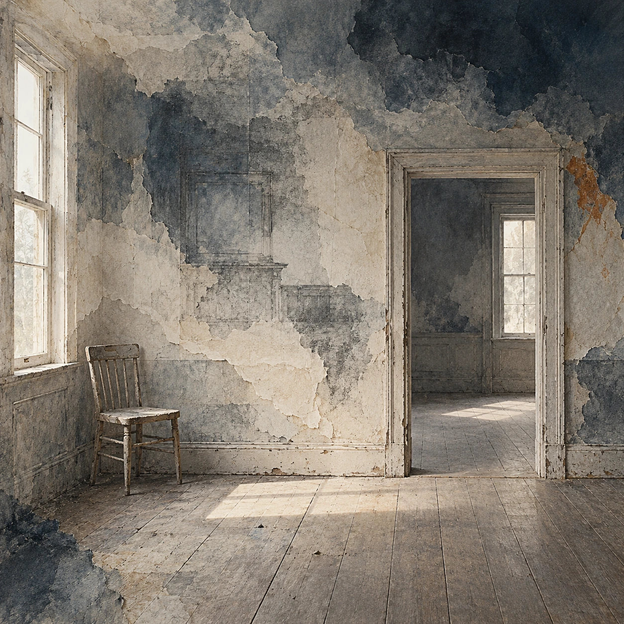 A chair, doorway and wall traces survive within a room of layered, partially erased surfaces.