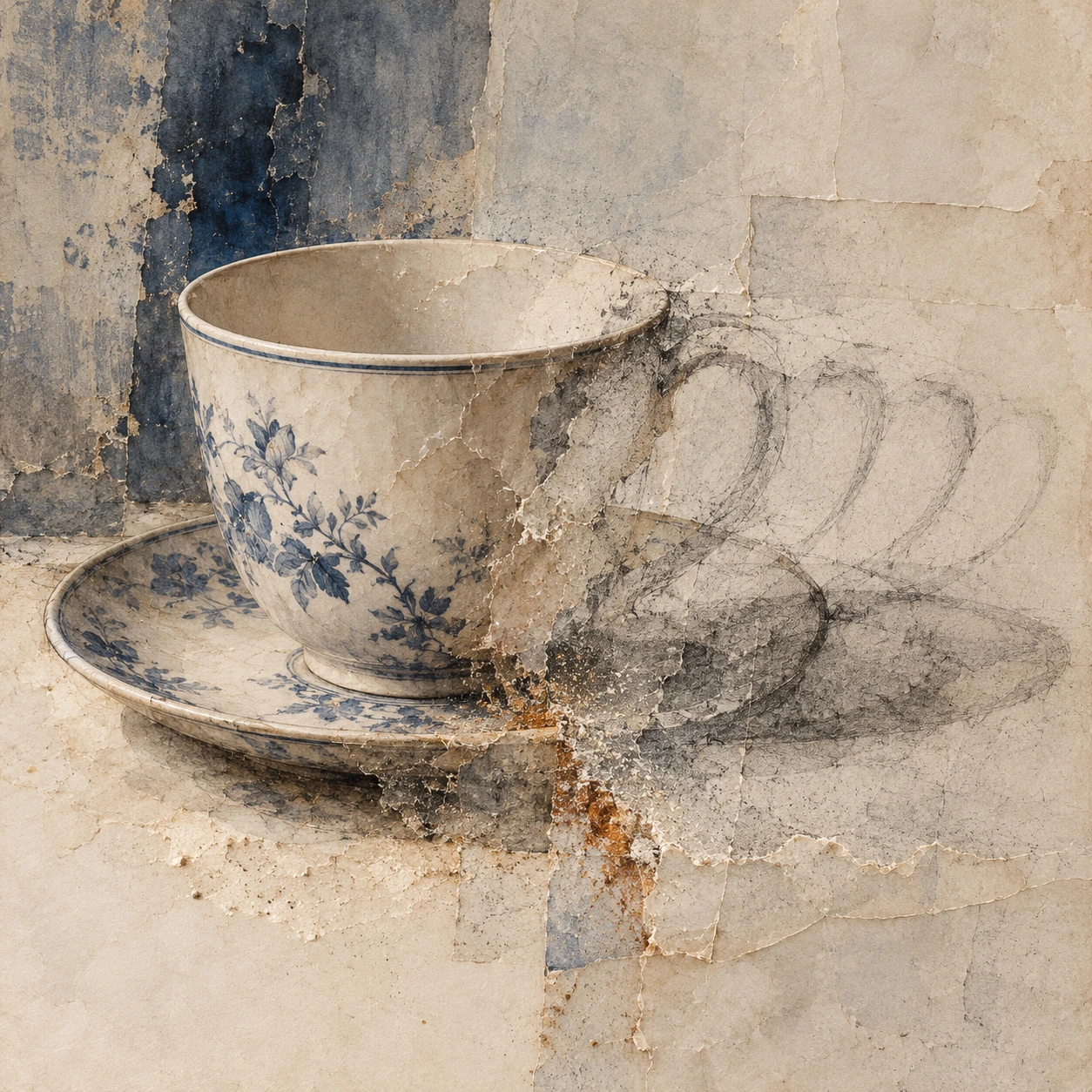 A cup rim remains sharply defined as the body and handle fade into a pale field.