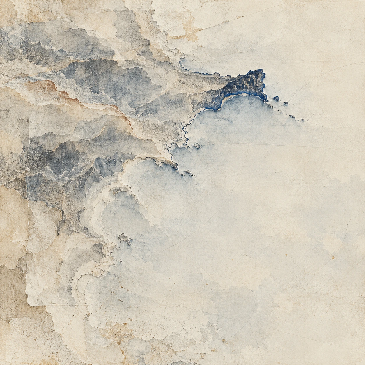An abstract coastline dissolves through faint blue and grey layers into broad white space.