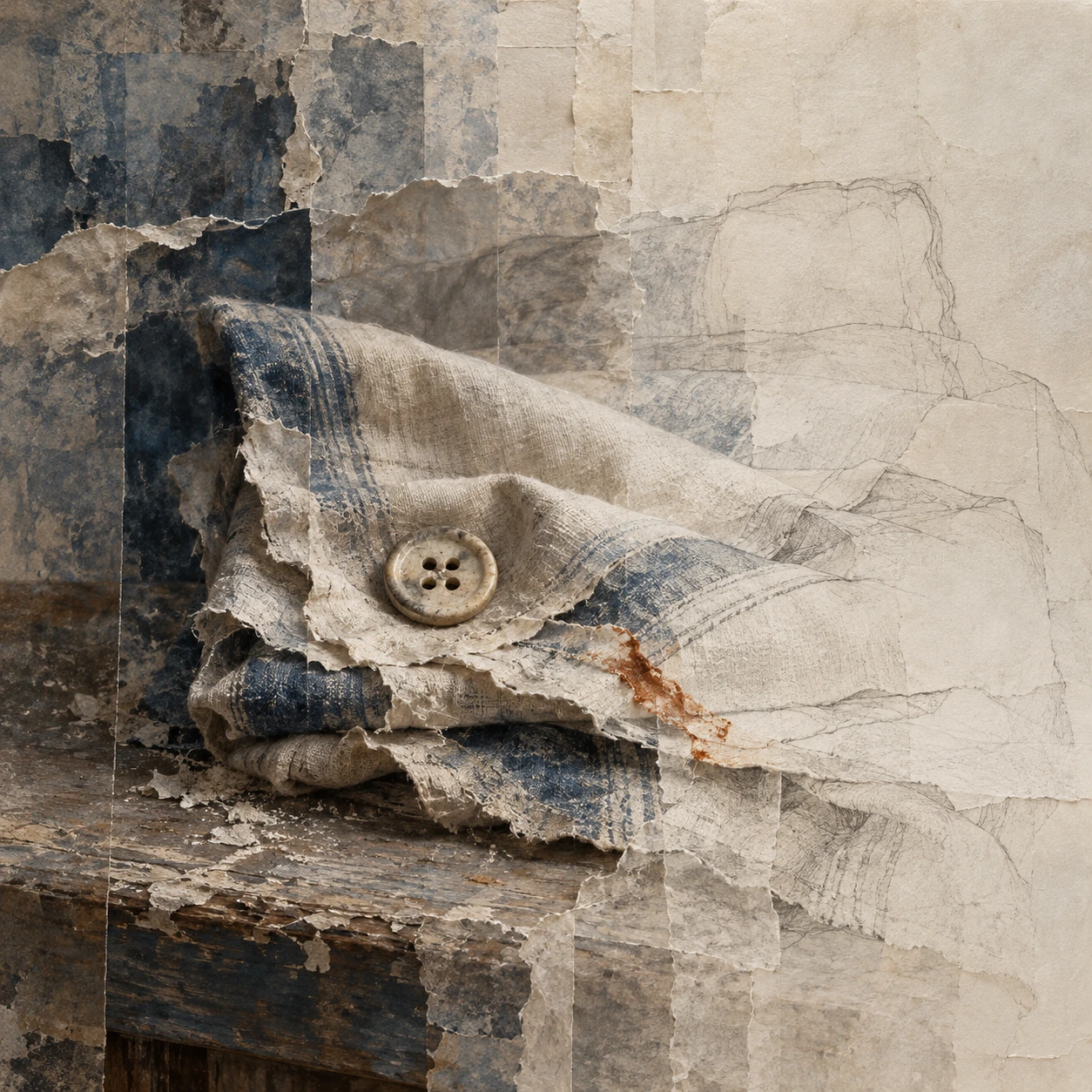 A small button and fold remain visible in cloth that dissolves into softly abraded paper.