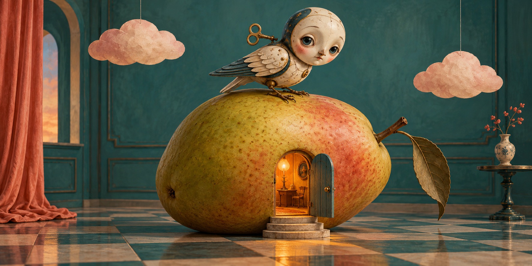 A porcelain-like bird with a moon-shaped face rests above a doorway in a giant pear.