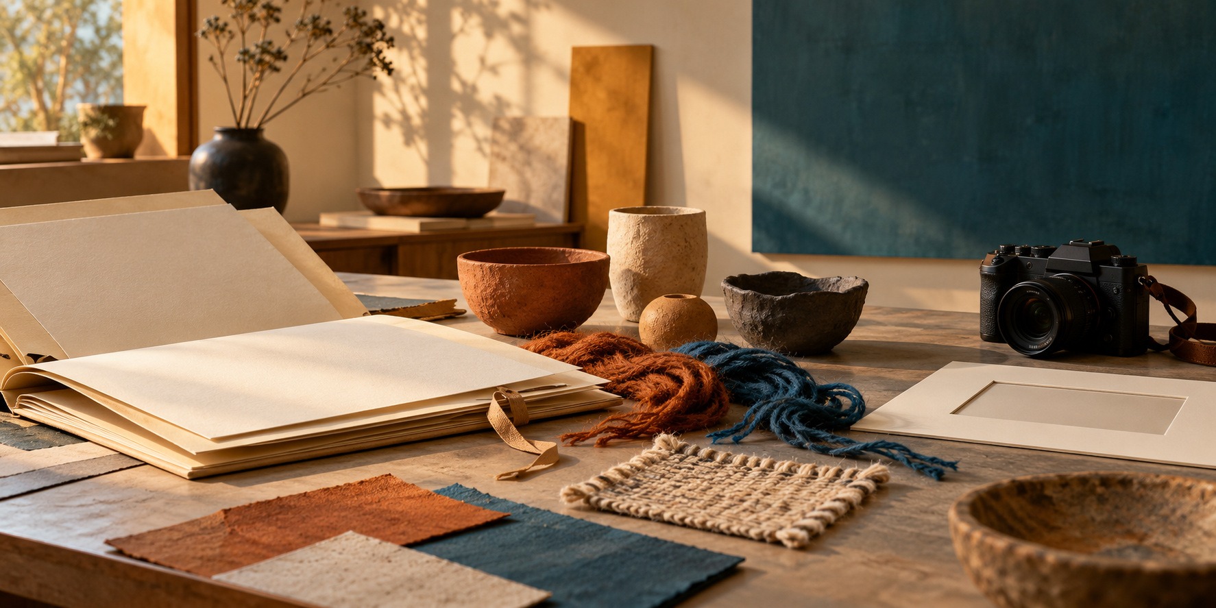 Blank archival folders, plain clay forms, wool, a fiber swatch and a camera sit in a quiet art-study room.