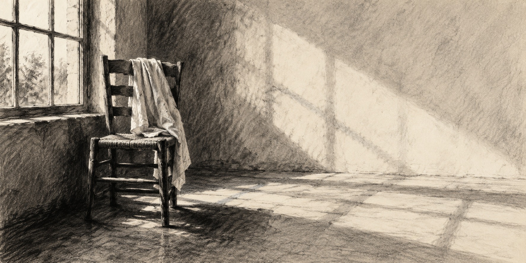A wooden chair with draped linen sits beside a tall window, with broad light across the wall and floor.