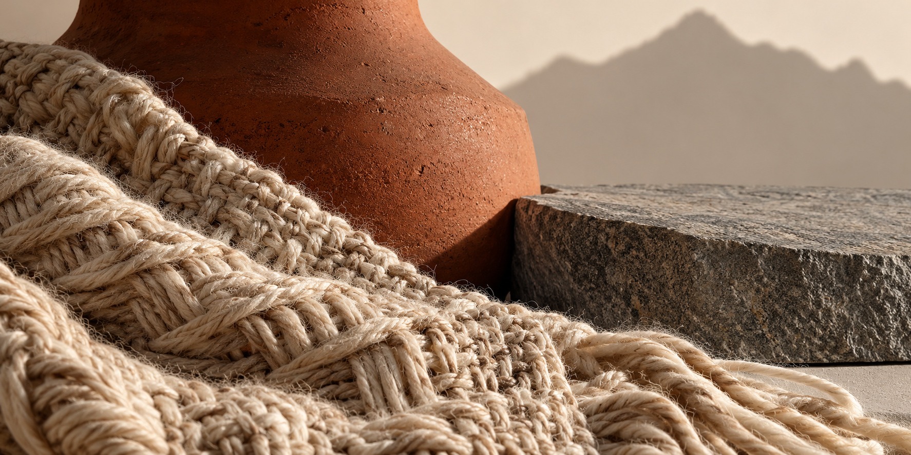 Interlaced cream fibers lie beside a plain terracotta form and gray stone, with a mountain-shaped shadow beyond.