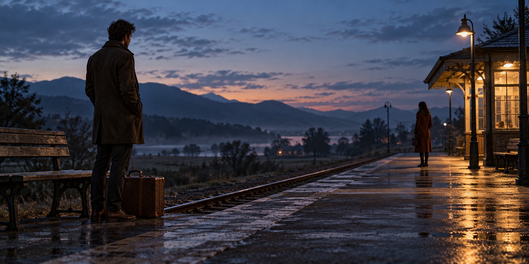 Two travelers stand far apart on a dusk railway platform, with luggage and a warmly lit shelter.