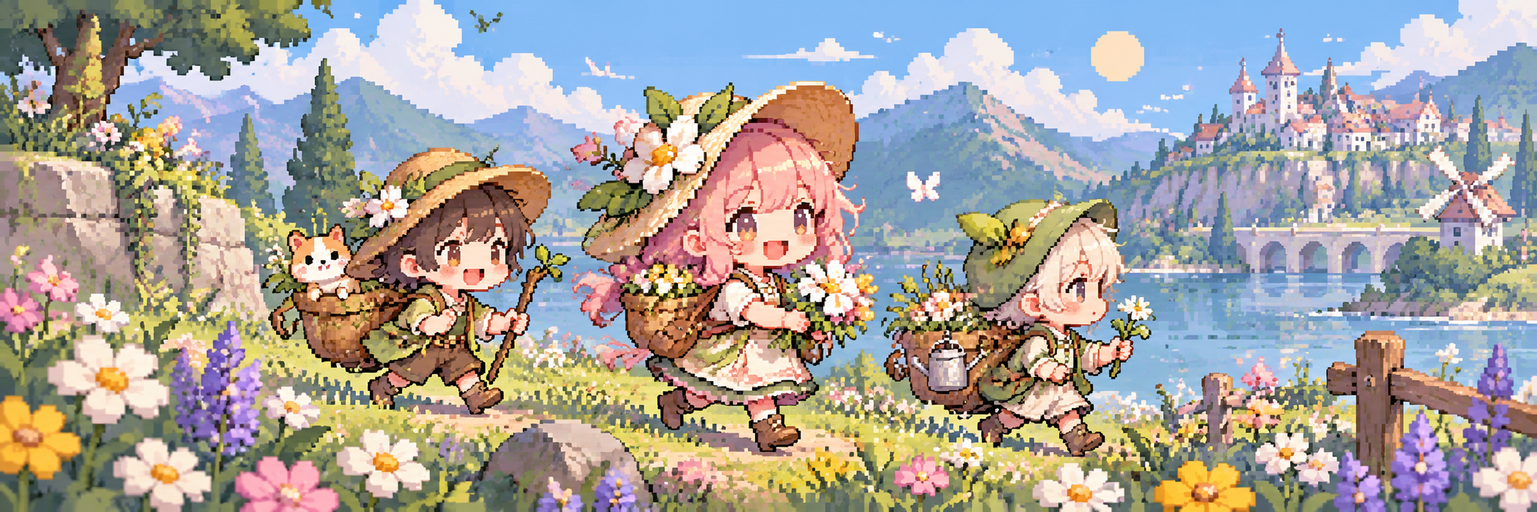 Three compact, large-headed gardeners cross a flowering meadow beside a lake.
