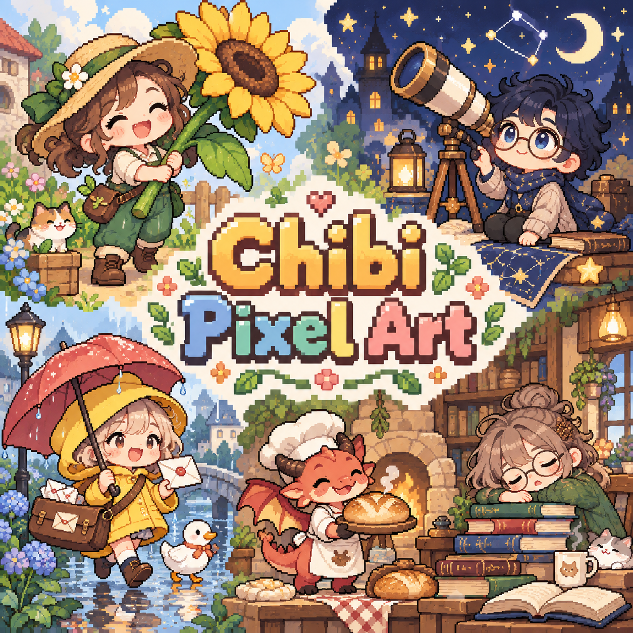 The centered title Chibi Pixel Art joins a sunflower gardener, astronomer, mail carrier, dragon baker and sleepy reader.