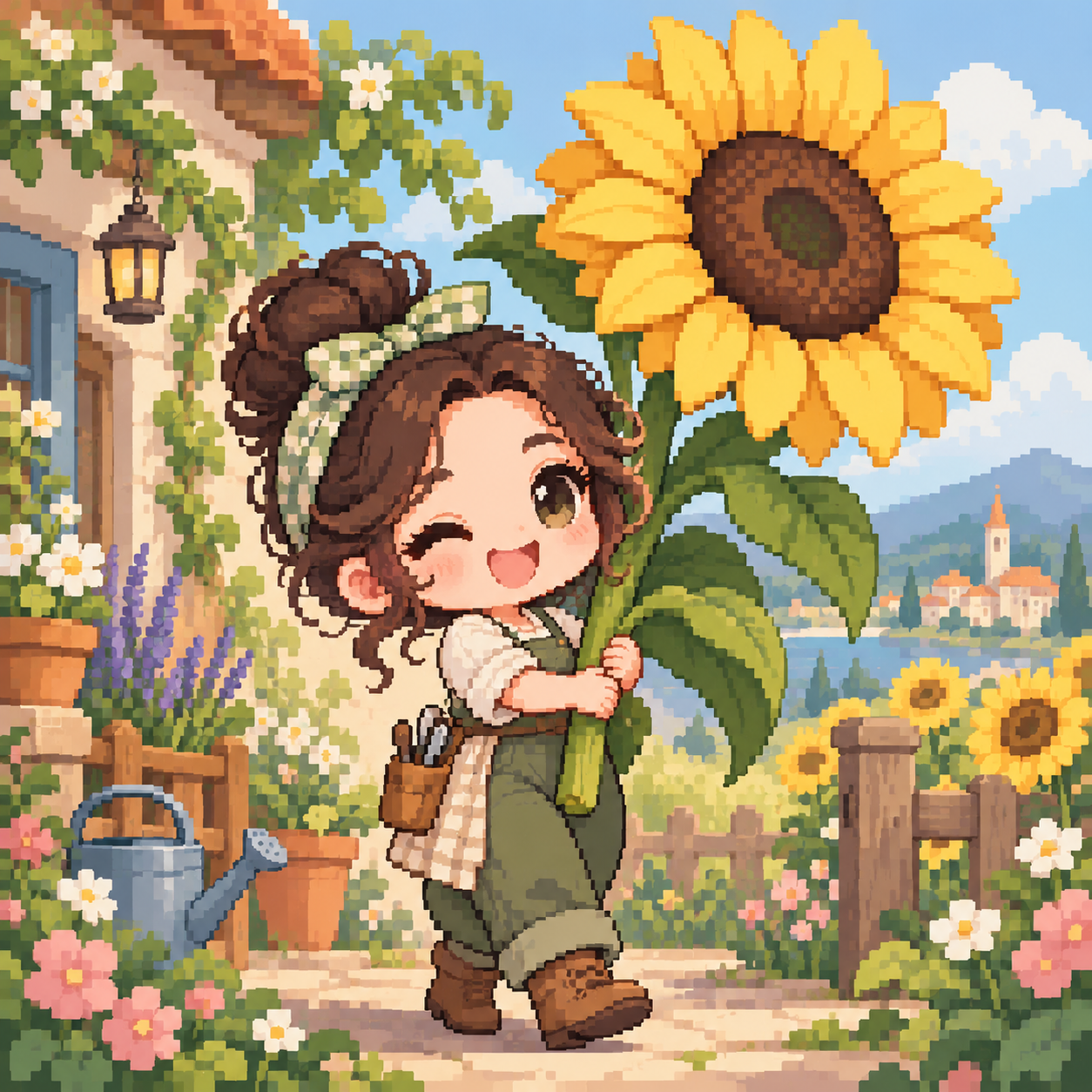 A smiling compact gardener embraces a tall sunflower.
