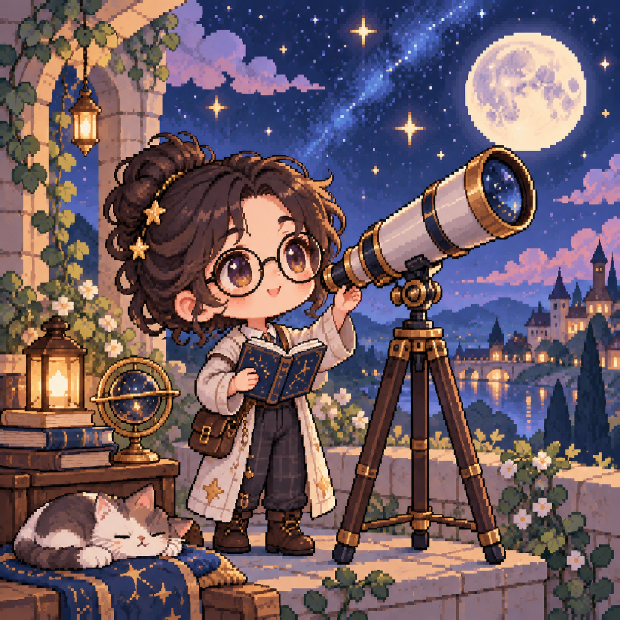 A large-headed astronomer stands with a book beside a telescope under a starry sky.