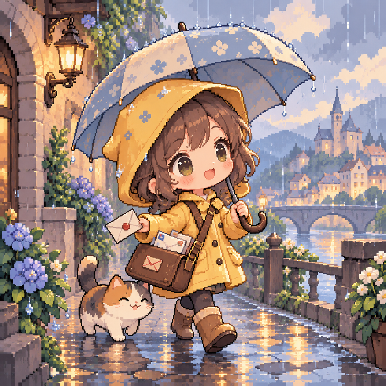 A yellow-coated mail carrier carries an umbrella and envelope beside a cat.