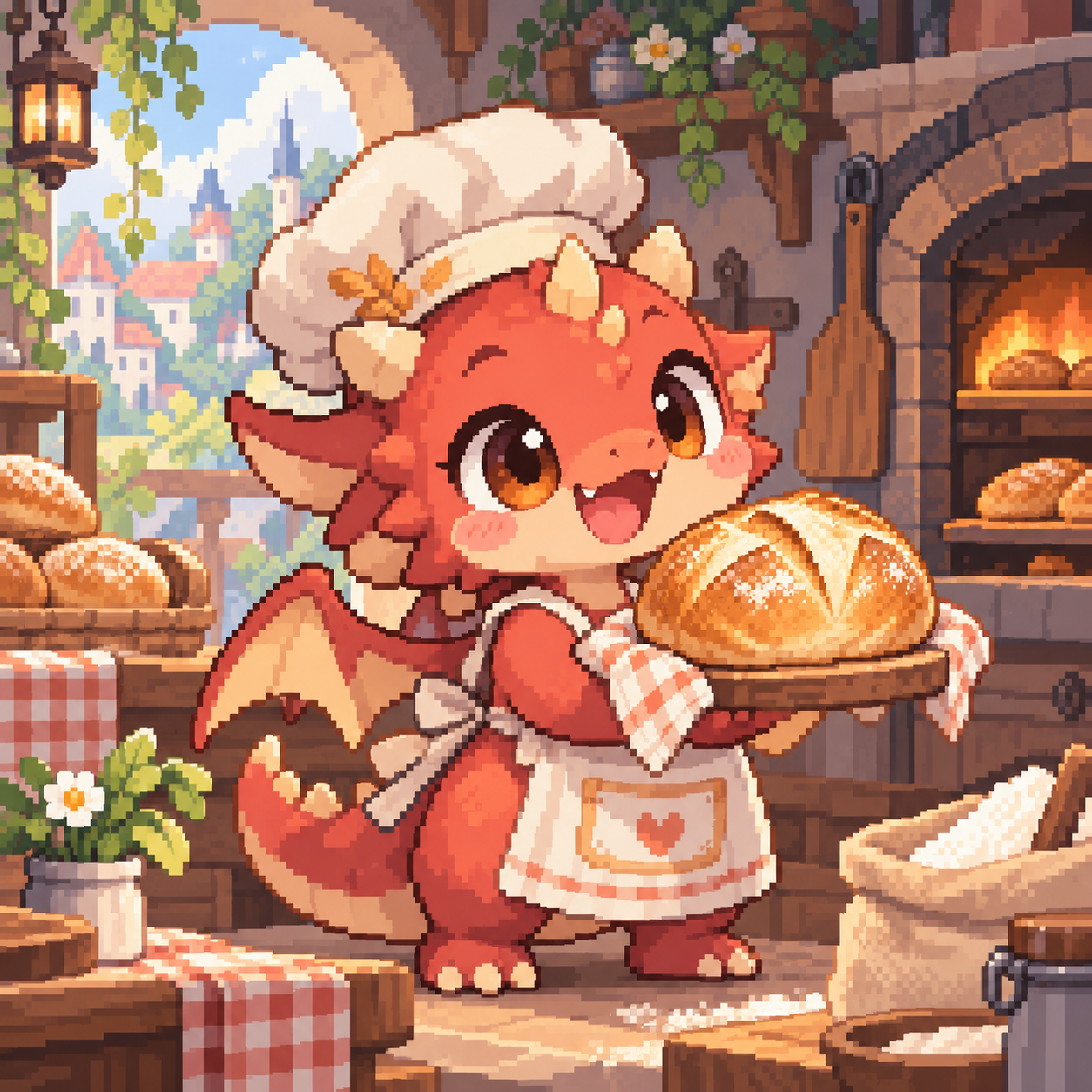 A small red dragon baker presents a loaf of bread beside an oven.