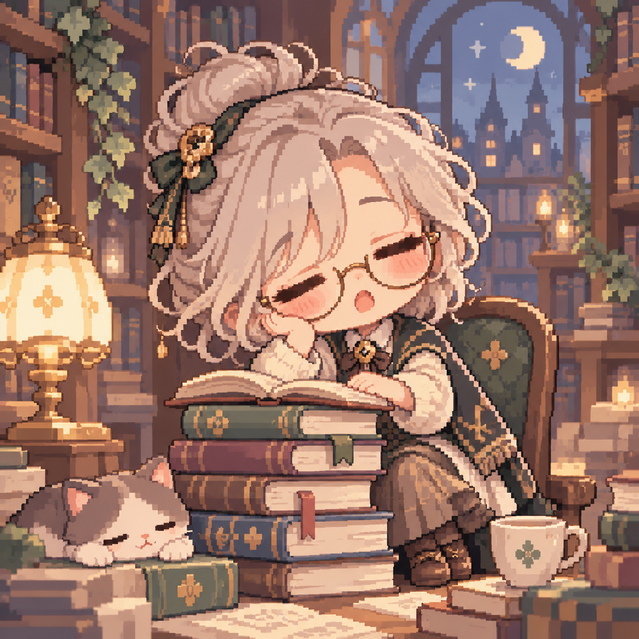 A sleepy bespectacled librarian rests beside an open book and stacked volumes.