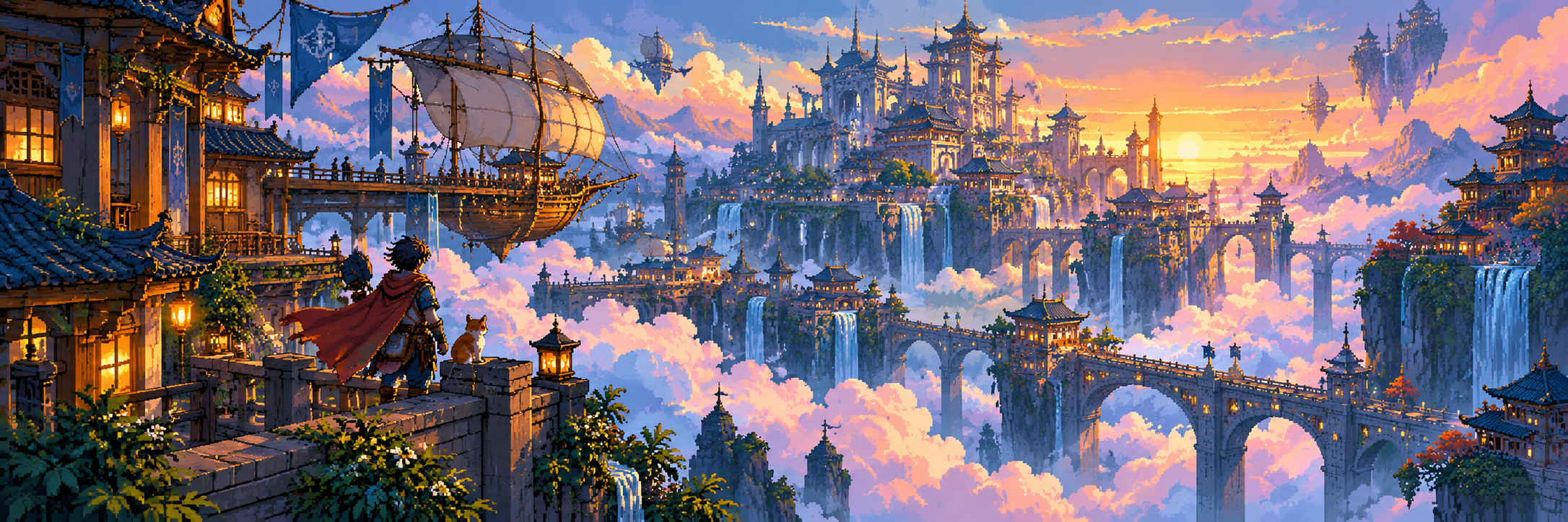 An ornate skyport with airships, towers and bridges rises through warm sunset clouds.