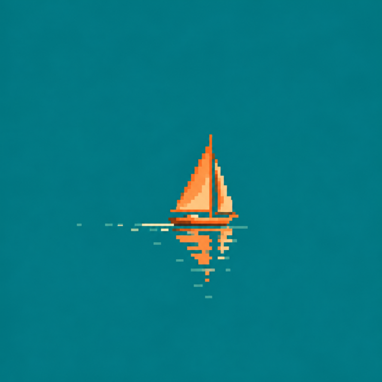 A small orange sailboat and short reflection occupy a large quiet teal field.