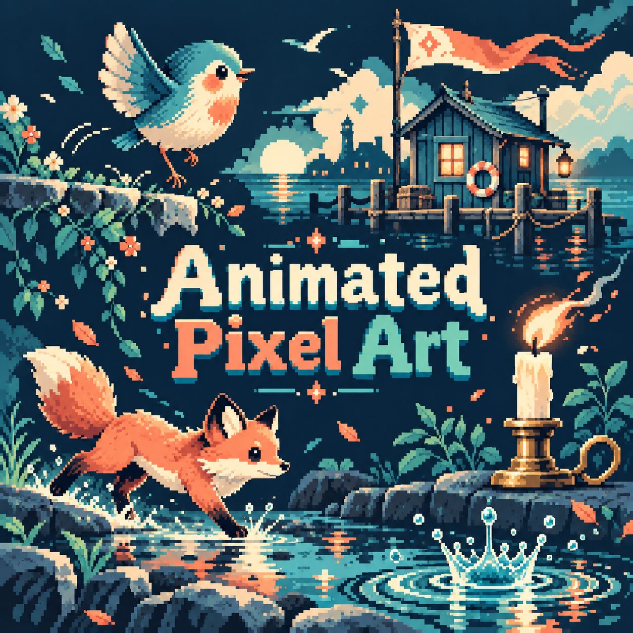 The centered title Animated Pixel Art joins static studies of a hopping bird, pennant, candle, running fox and splash.