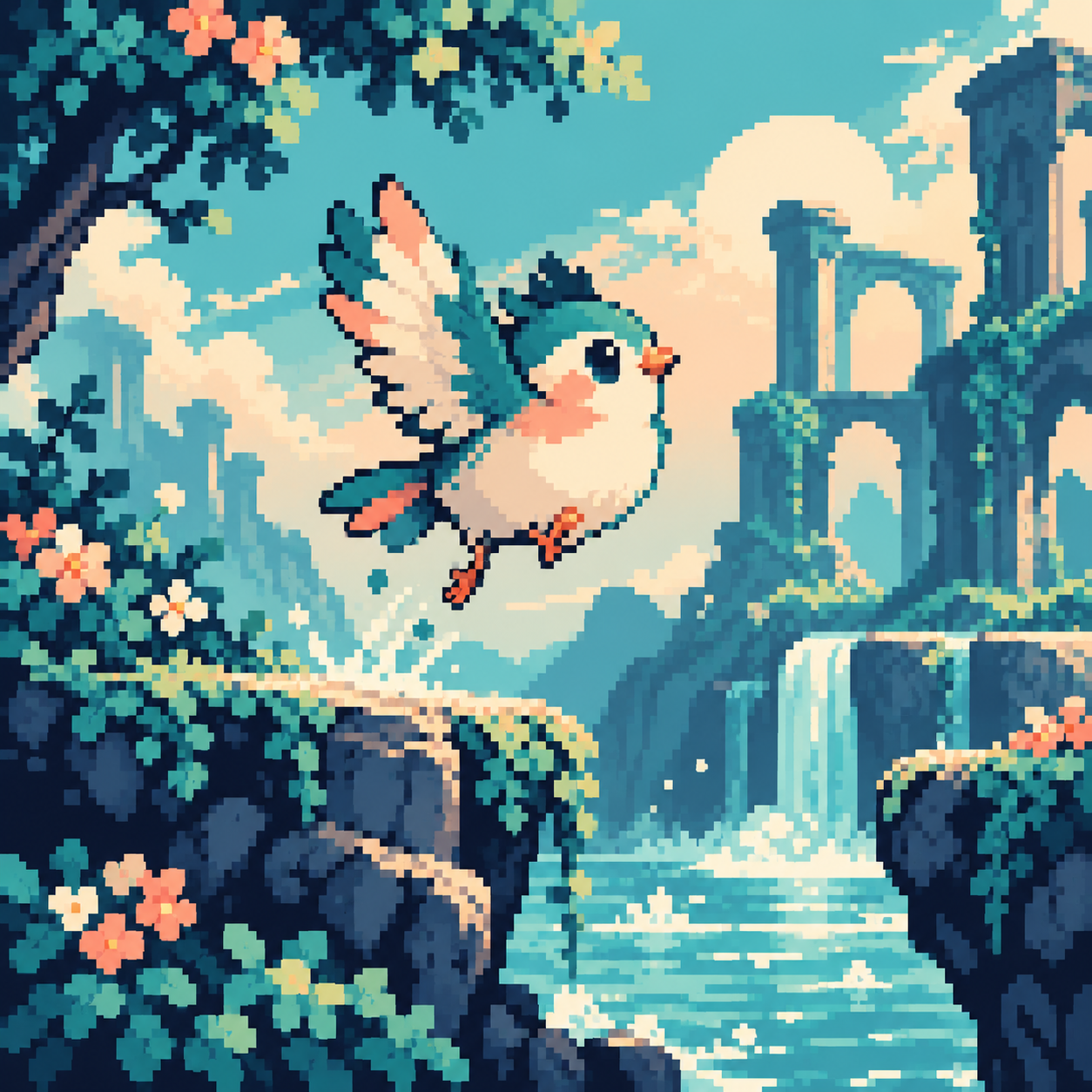 A static key pose shows a small bird lifted above a stone ledge with wings raised.