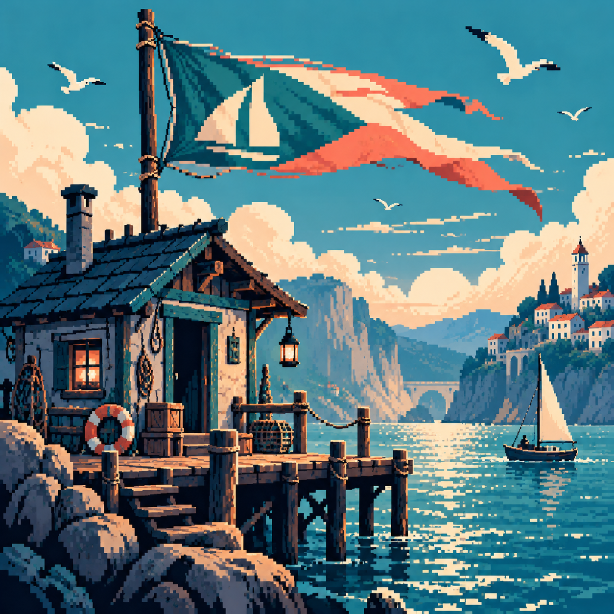 A static pixel study shows a waving pennant attached to a pole above a harbour hut.