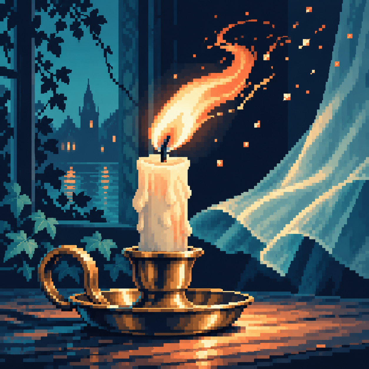 A static candle study shows a leaning flame beside a curtain and night window.