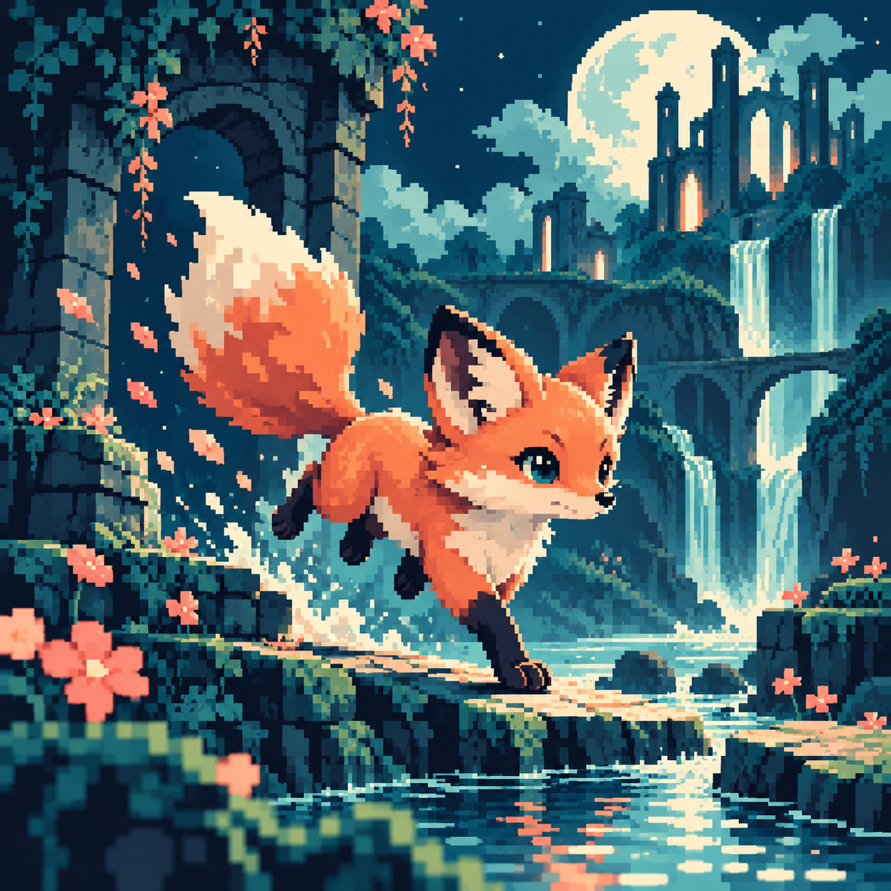 A static action pose shows an orange fox bounding along a stone ledge.