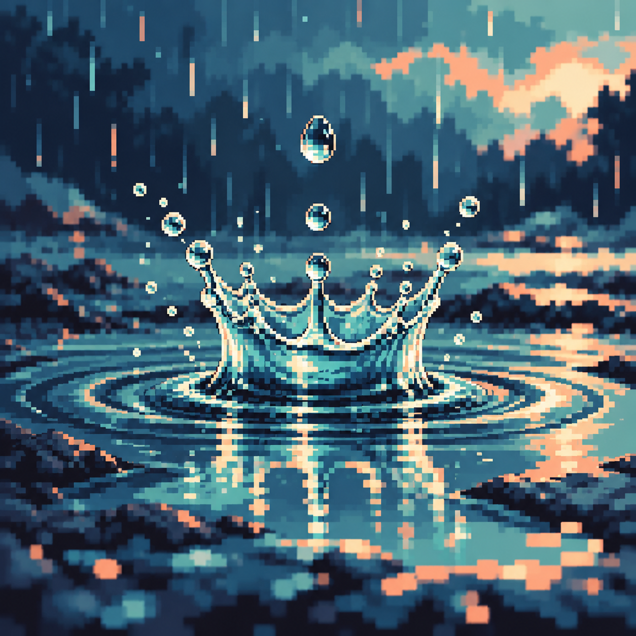 A static pixel study captures a crown-shaped water splash and suspended droplets.