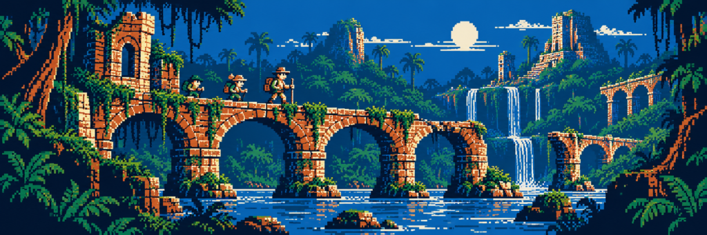 A traveller crosses an aqueduct in a colourful fantasy landscape.