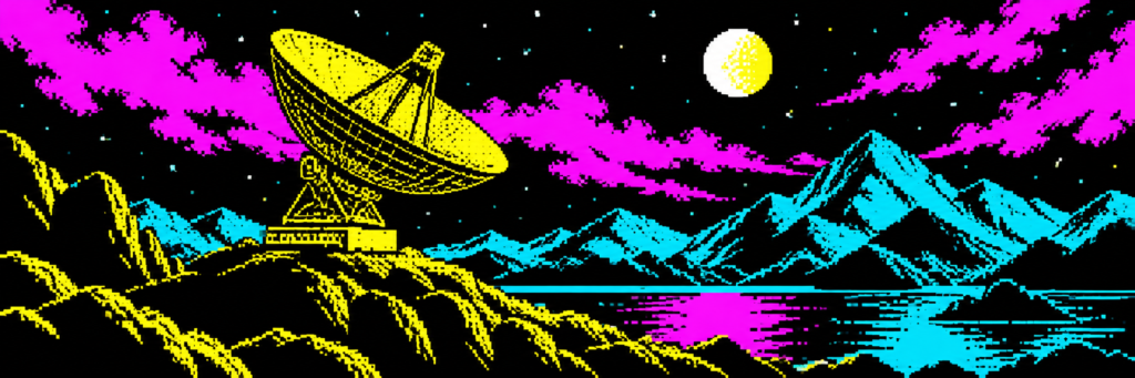 A satellite dish rises above a boldly coloured landscape.
